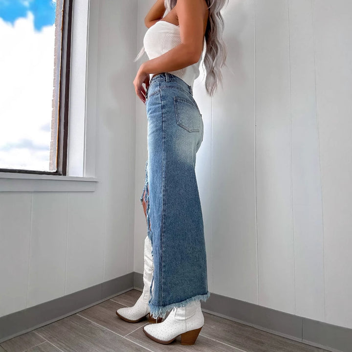 High-waisted denim skirt for women with fringes and slit Lune London