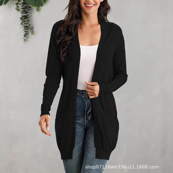 Ladies Long Cardigan with open front and practical pockets Lune London