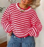 Women Short Knit Sweater with Flared Sleeves and a Chic and Stylish Striped Pattern