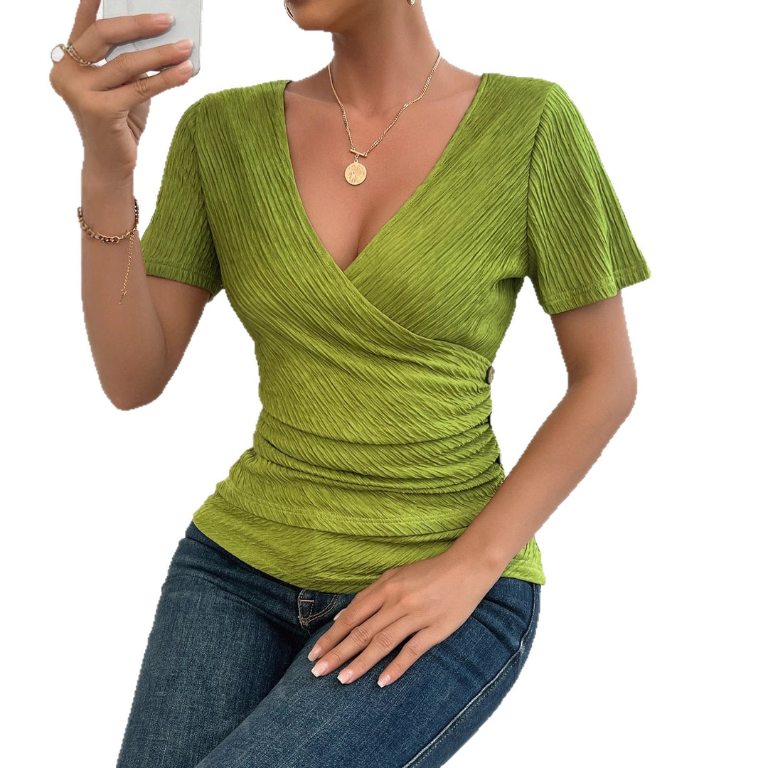 Chic & Stil Women's Wrap Top with Ruching and Side Snap Buttons