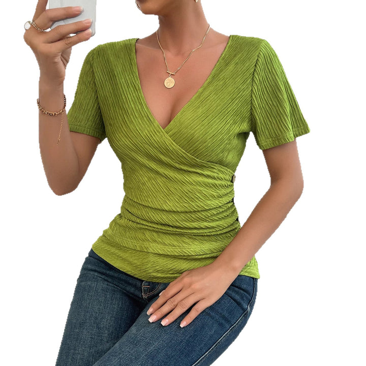 Chic & Stil Women's Wrap Top with Ruching and Side Snap Buttons
