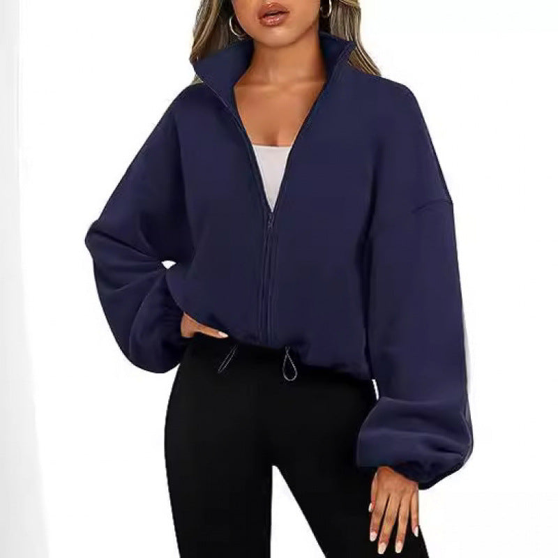 Trendy oversized zip-up pullover for ladies with high collar and drawstring Lune London