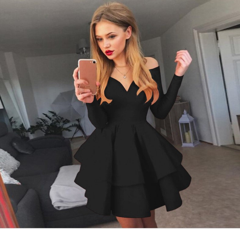 Women Playful Off-Shoulder Cocktail Dress with Ruffles and Deep V Neck Lune London