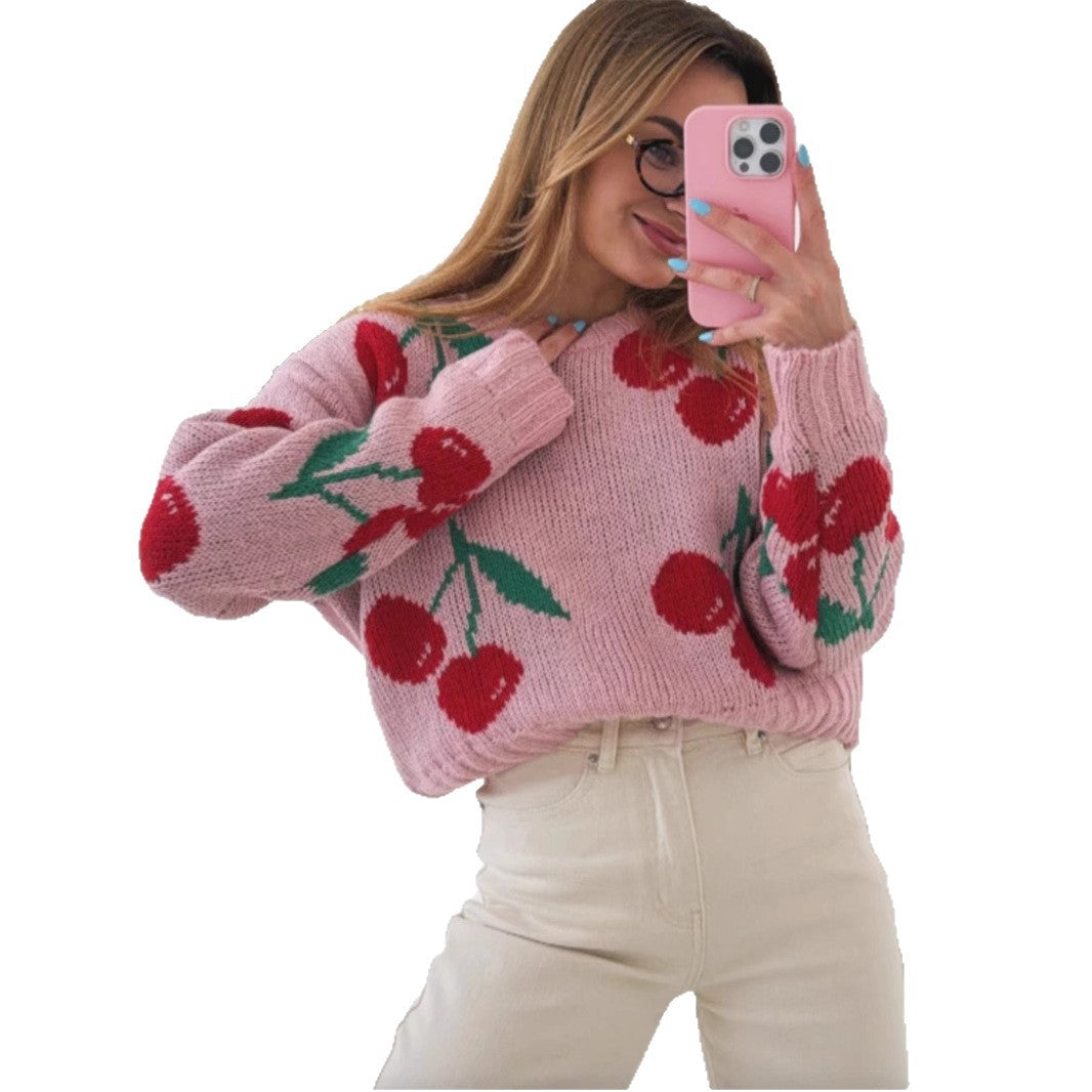 Casual sweater for women with fruity cherry pattern and soft knit Lune London
