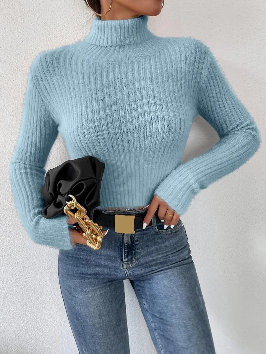 Ladies fine knit sweater with high collar and modern ribbed design Lune London