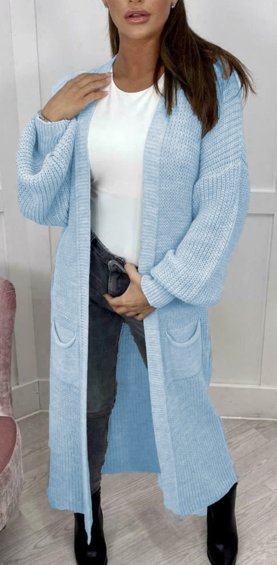 Ladies Long knitted cardigan with a textured knit look and practical pockets Lune London