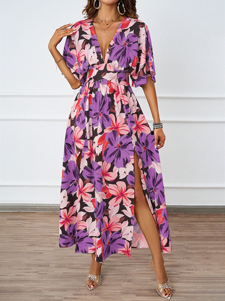 Maxi floral dress for women with deep V-neck and side slits Lune London