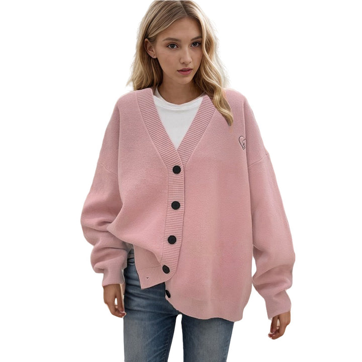 Ladies Chunky Knit Cardigan with oversized cut and decorative heart pattern Lune London