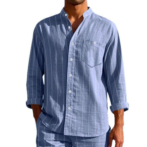 Men's long sleeve shirt with modern stand-up collar and fine striped pattern Lune London