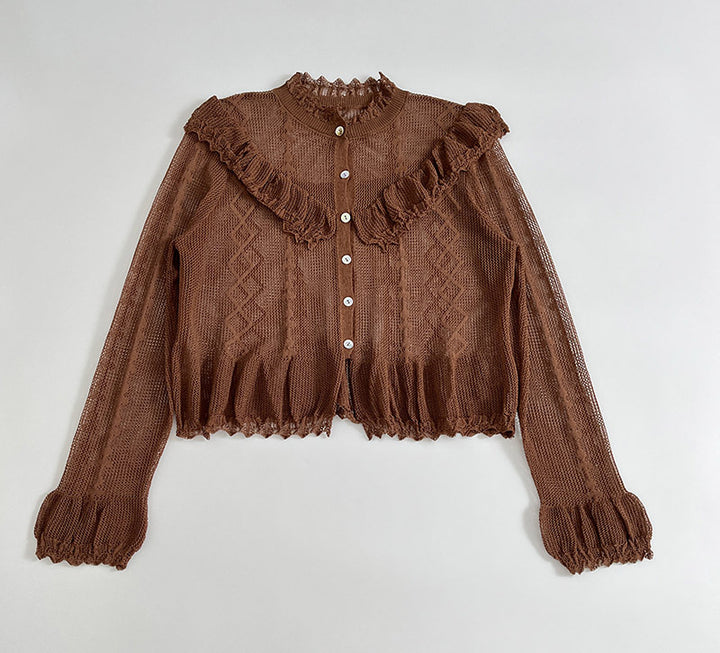 Ladies fine cardigan with ruffle details and button placket Lune London