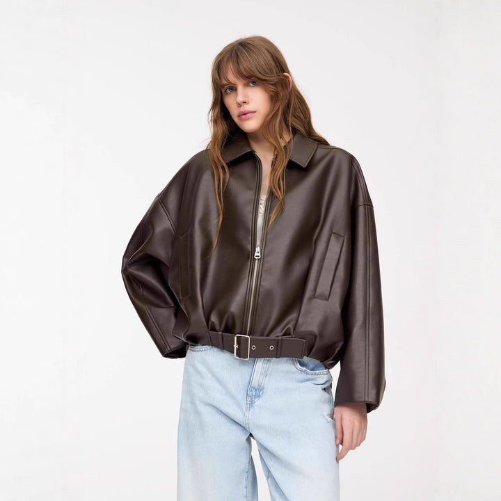 Casual faux leather jacket for women with wide collar and belt Lune London