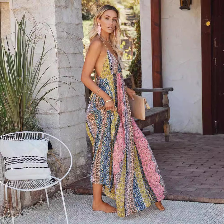 Maxi dress for women with a unique multicolored pattern and adjustable spaghetti straps Chic & Stil