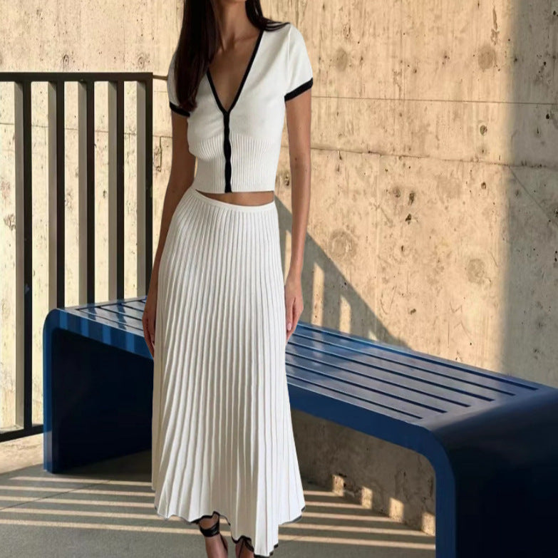 Lune London ribbed knit top and pleated skirt set for women