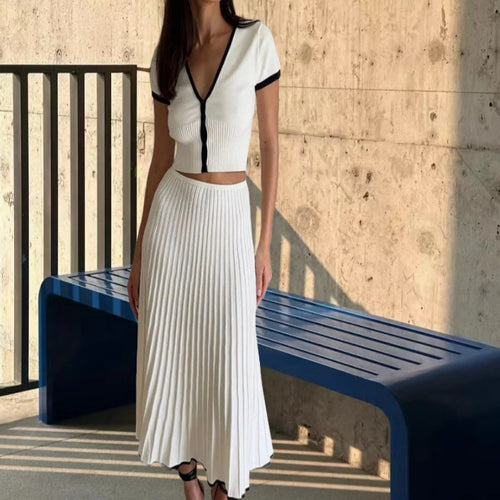 Lune London ribbed knit top and pleated skirt set for women