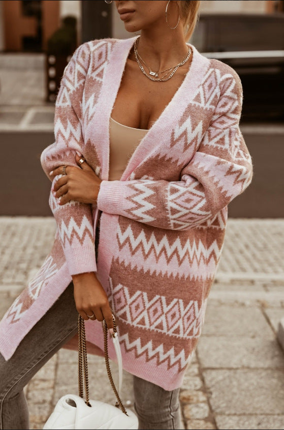 Women knitted cardigan with long sleeves and geometric pattern Lune London