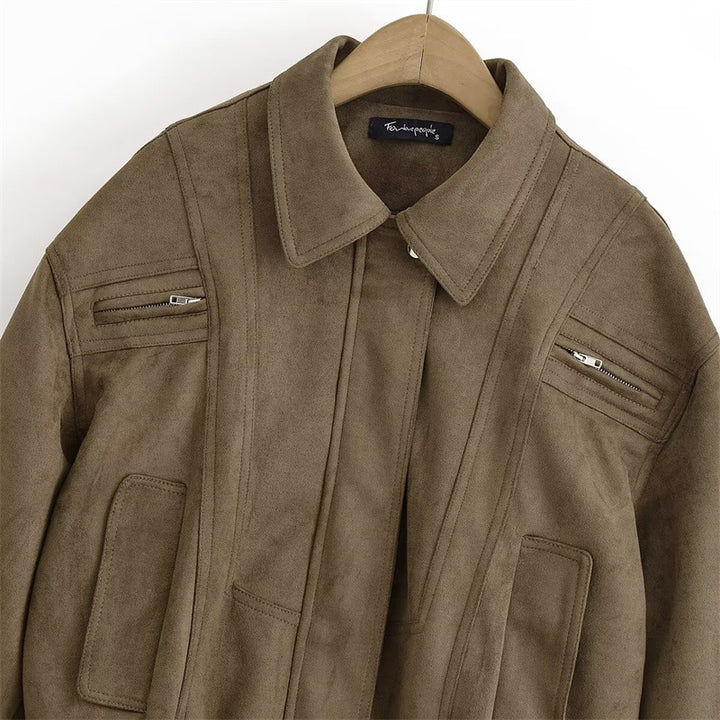 Veste en daim tendance pour femmes avec taille élastique et poches zippées sur les côtés Lune London