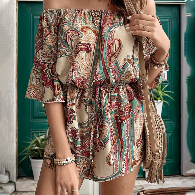 Ladies Off-Shoulder Paisley Print Jumpsuit with Chic Cord Detail and Style
