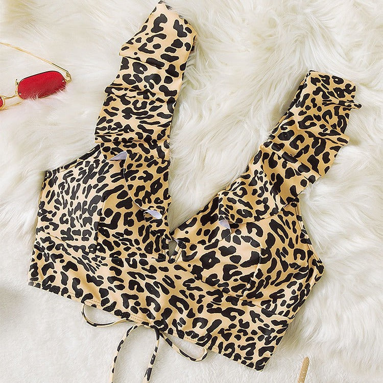 Ladies ruffled top with chic leopard print and style