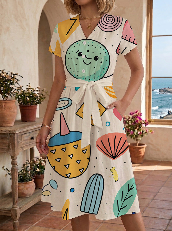 Women’s midi dress with colorful floral design and adjustable tie belt Lune London