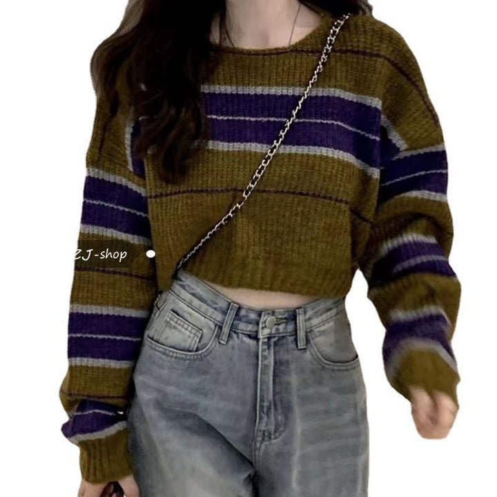 Short knit sweater for women with horizontal stripe pattern Lune London