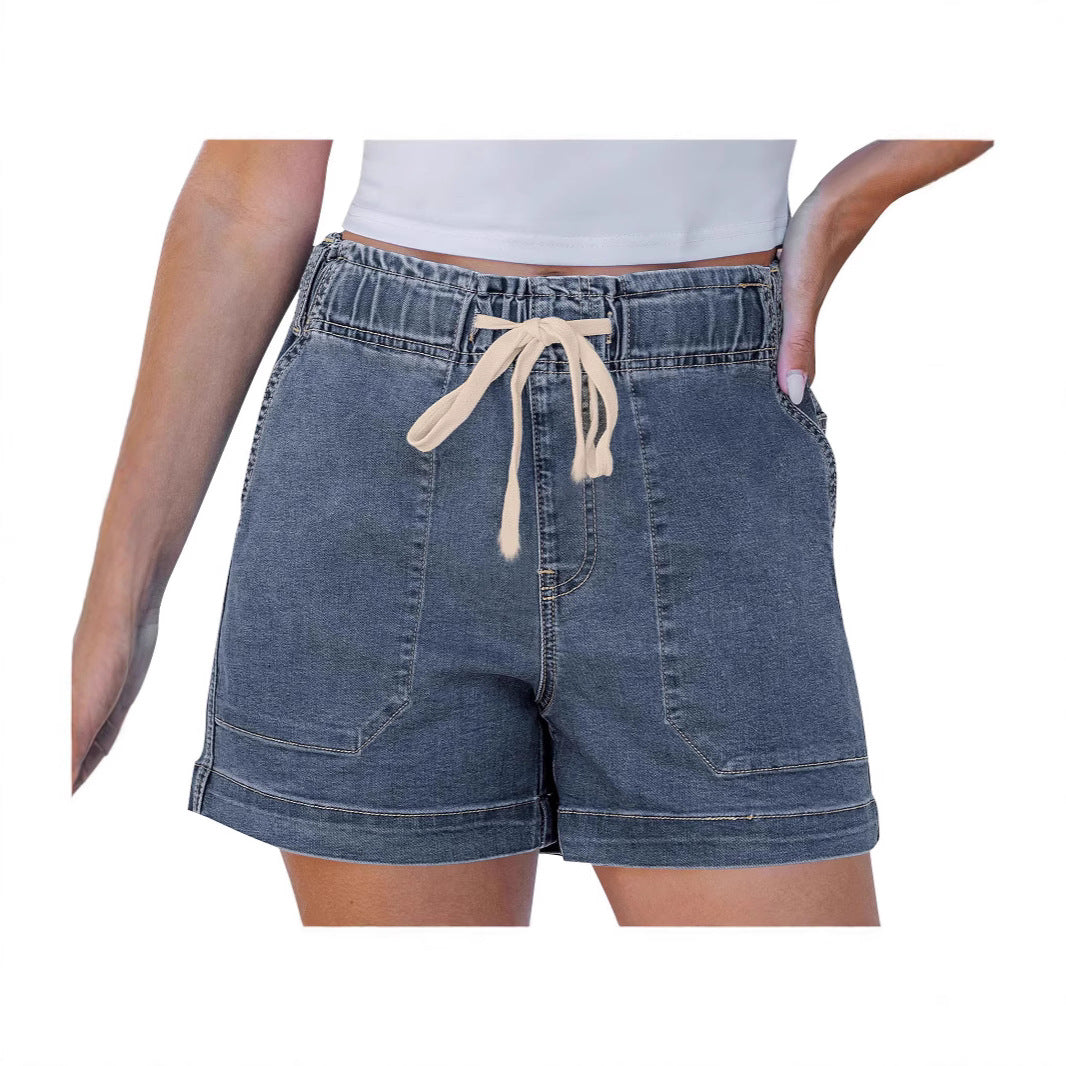 Ladies comfortable denim shorts with elastic waistband and practical pockets Lune London
