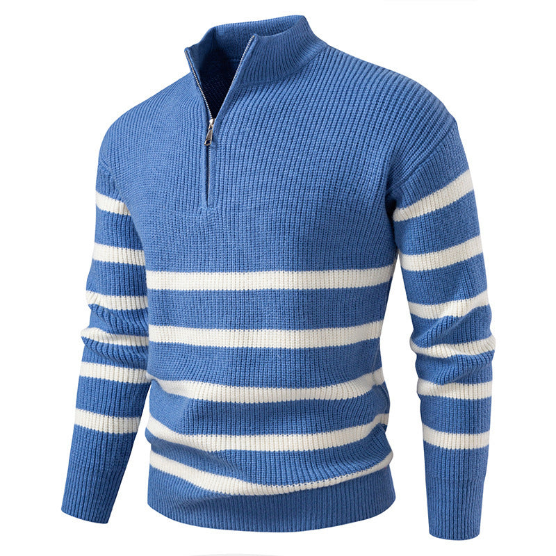 Men's wool sweater with modern half-zip closure and striped design Lune London