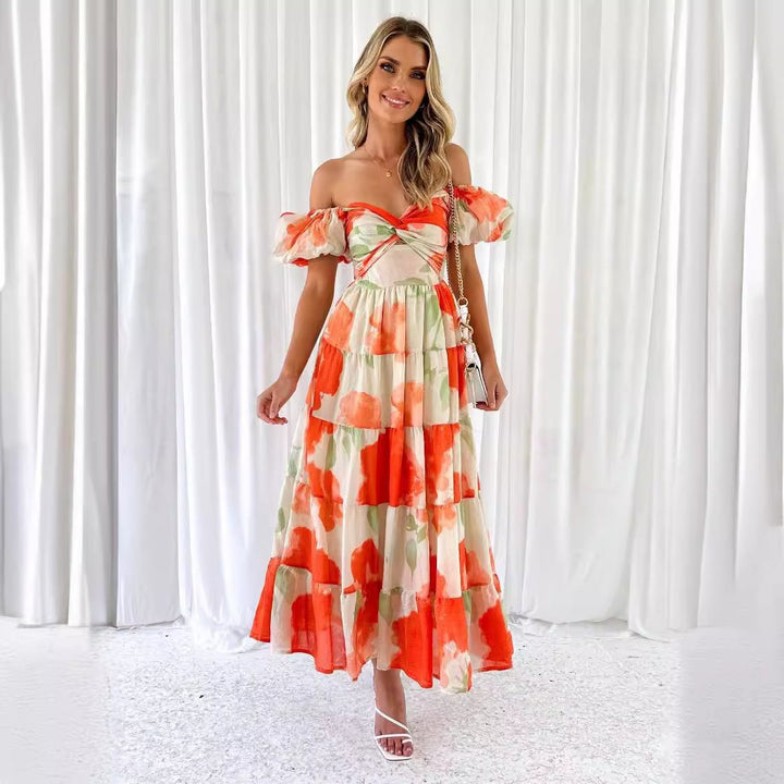 Maxi dress for women with voluminous balloon sleeves and chic floral print