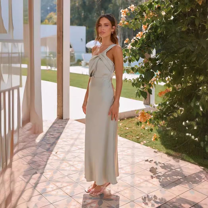 Women's Elegant Long Dress with Asymmetric Strap and Stylish Draping Detail Lune London