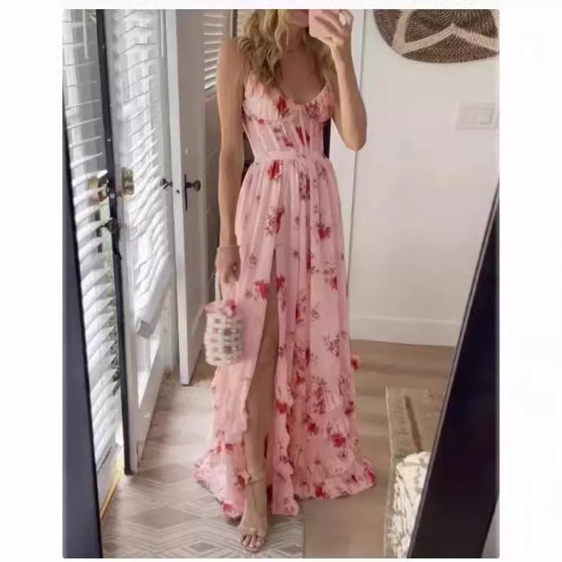 Women's maxi dress with floral lace top and high slit Lune London
