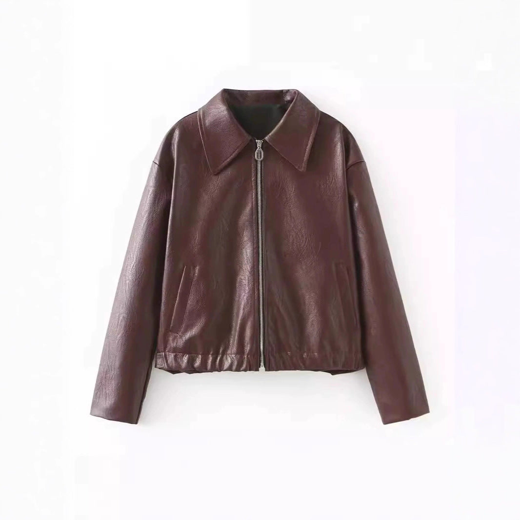Trendy faux leather jacket for women with oversized collar Lune London