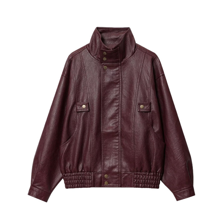 Women’s faux leather jacket with high collar and practical button details Lune London
