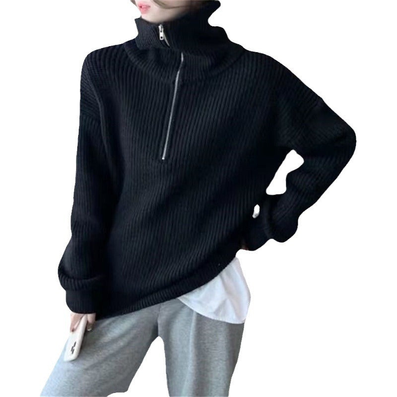 Knit sweater for women with high collar and half-zip Lune London