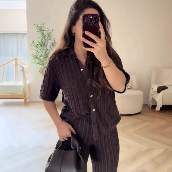 Wide knit palazzo pants for women with an elastic waistband and elegant structure Lune London