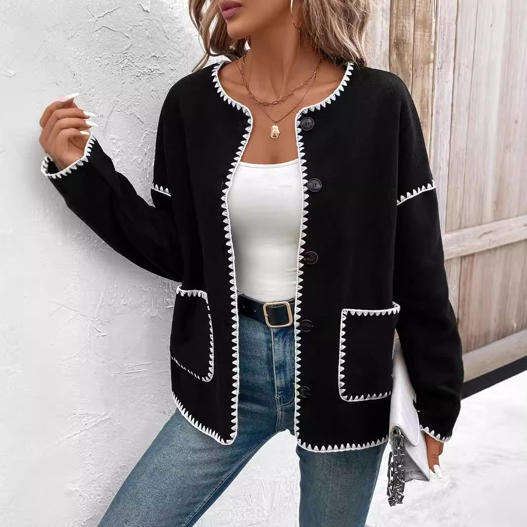 Fashion knitted jacket for women with decorative contrasting trim and large pockets Lune London