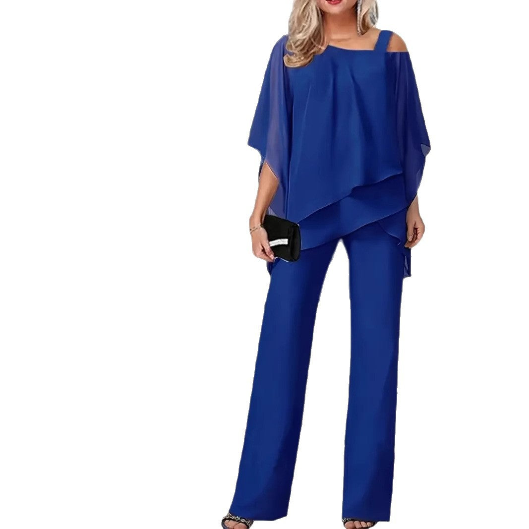 Ladies Elegant Two Piece Set with Fluid Top and Chic Flared Pants