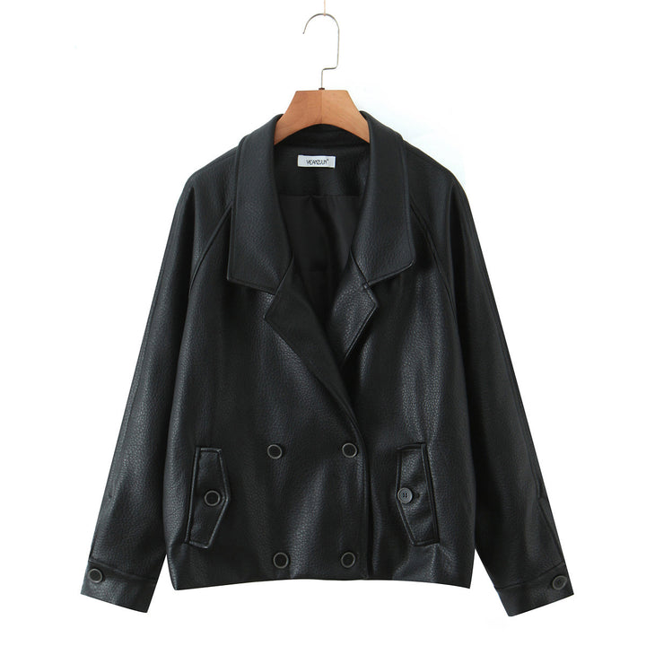 Faux leather jacket for women with double row of buttons and large lapels Lune London