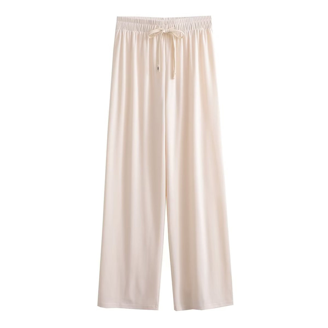 Wide palazzo pants for ladies with elastic waistband and decorative cord Lune London