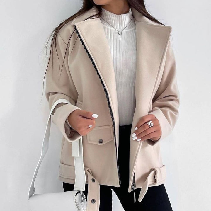 Trendy transitional jacket for women with asymmetrical zipper and practical pockets Lune London