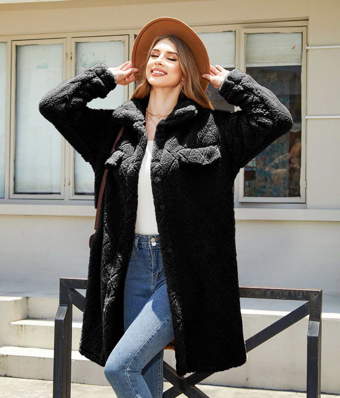 Oversized plush coat for women with large pockets and textured design Lune London