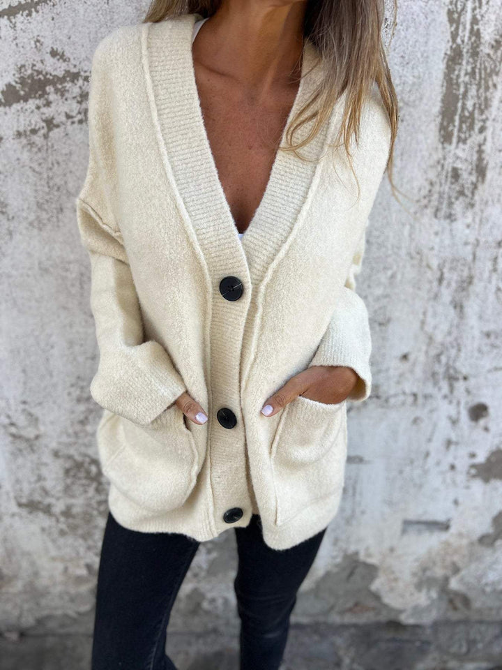 Ladies soft knit cardigan with deep V-neck and large pockets Lune London