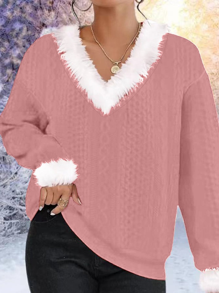 Sweater en tricot pour femmes avec décolleté en V et bord en fausse fourrure contrastant Chic & Stil