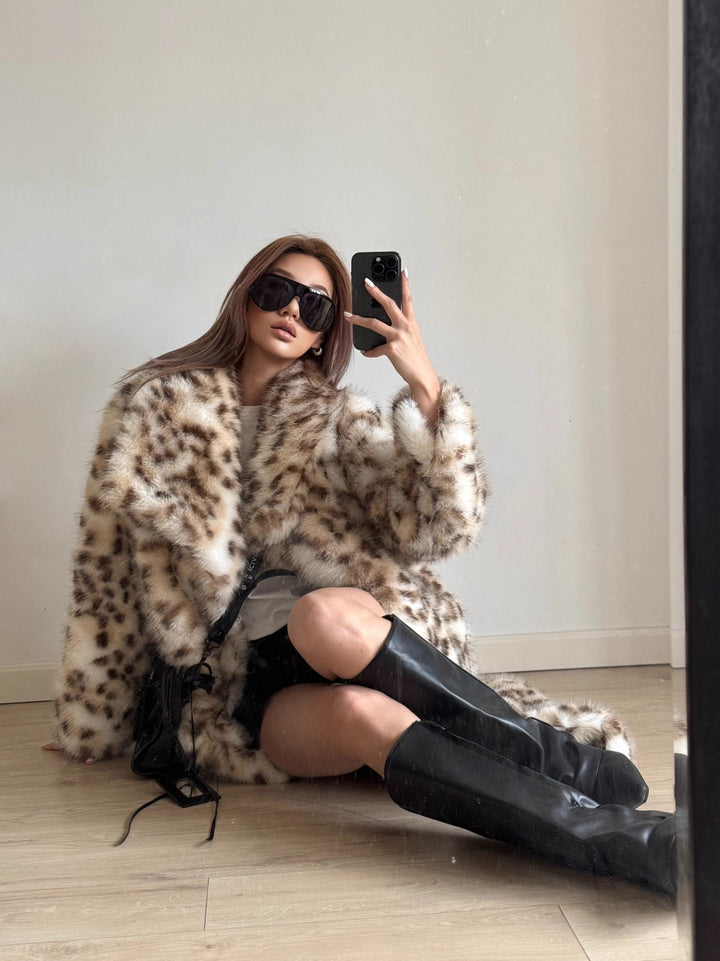 Ladies Elegant Faux Fur Coat with Animal Pattern Lune London