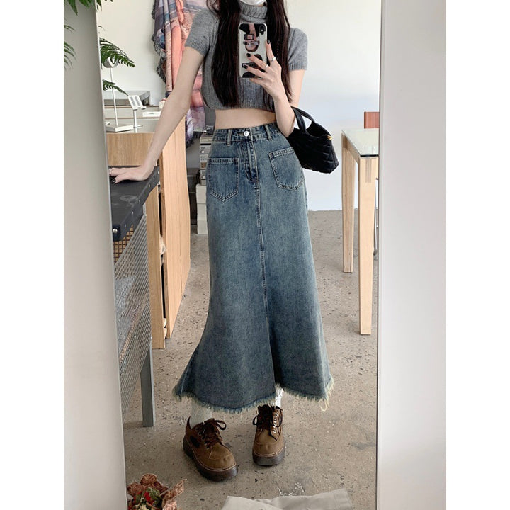 Jupe en denim longue pour femme avec ourlet effiloché Chic & Stil