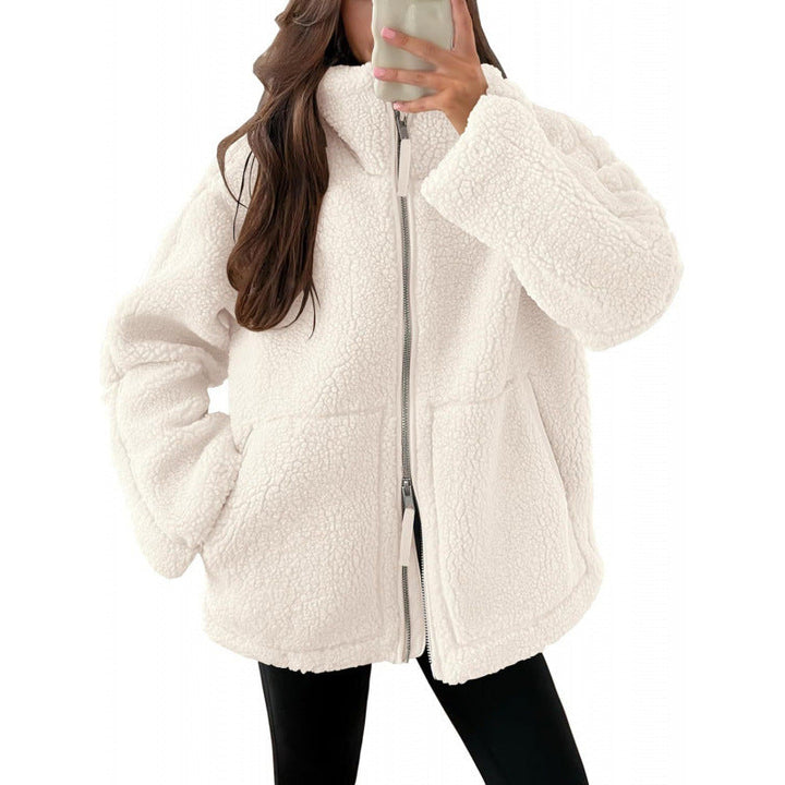 Ladies Cozy Teddy Fur Jacket with High Collar and Zipper Lune London