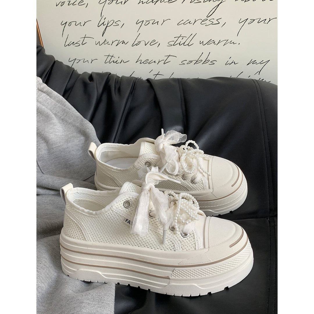 Ladies Platform Sneakers with Fashionable Mesh Upper Material and Trendy Pearl Details Lune London