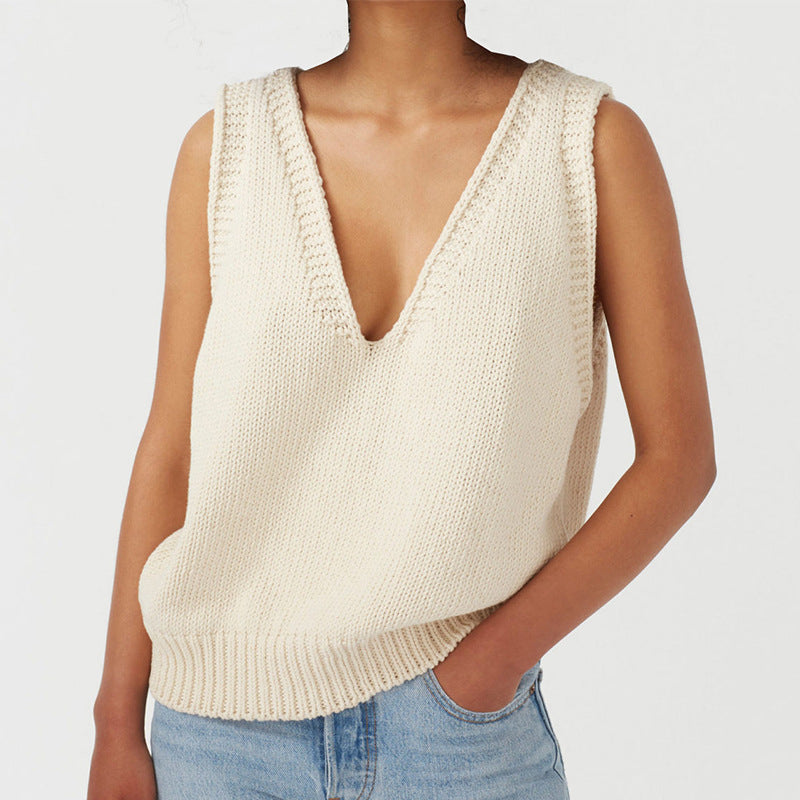 Women's stylish knit top with deep V-neck and wide straps Lune London