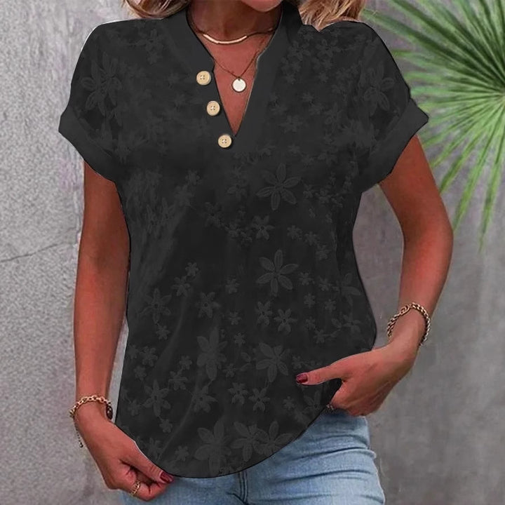 Women’s blouse with embroidered floral pattern and classic V-neck Lune London