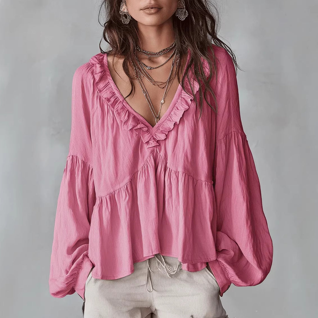 Women's Flowing Top with Ruffled Details and V-Neck Lune London