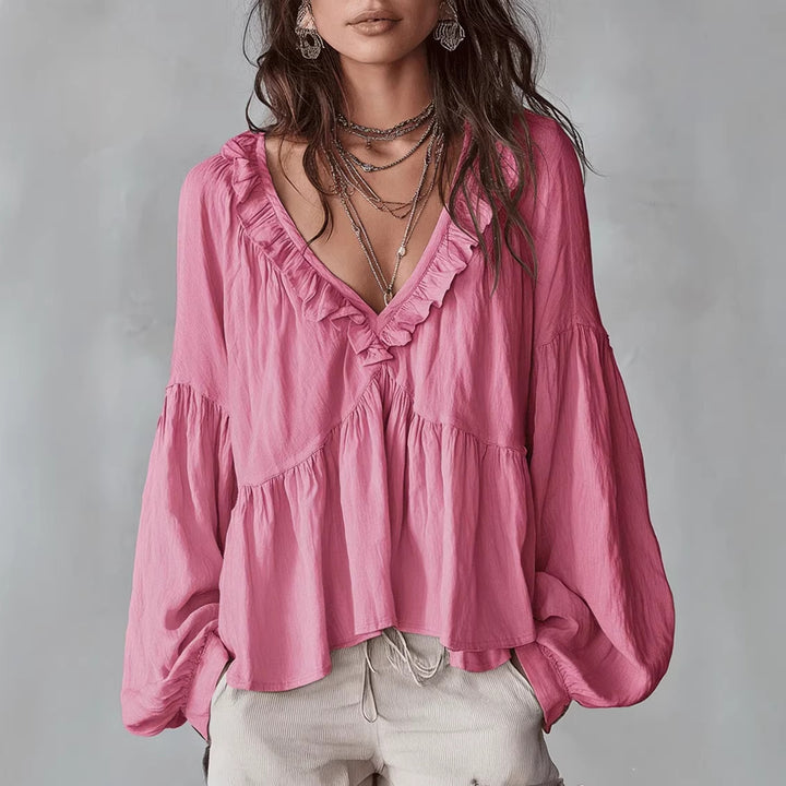 Women's Flowing Top with Ruffled Details and V-Neck Lune London