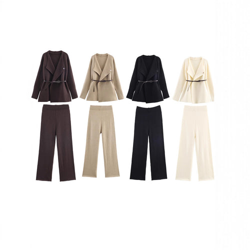 Fashionable women's cardigan and pants set with stylish belt Lune London